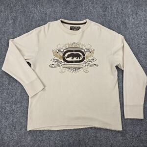 Ecko Unltd Shirt Mens Large Beige Thermal Waffle Knit Graphic Long Sleeve Y2K
